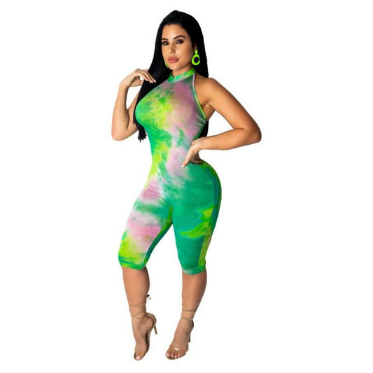 Tie Dye Halter Backless Sleeves One Piece Rompers