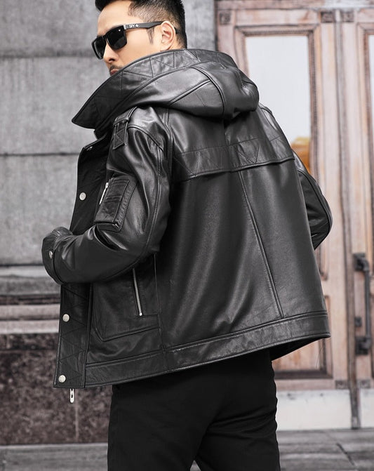 Genuine Leather Hooded Shearing Lining Coat