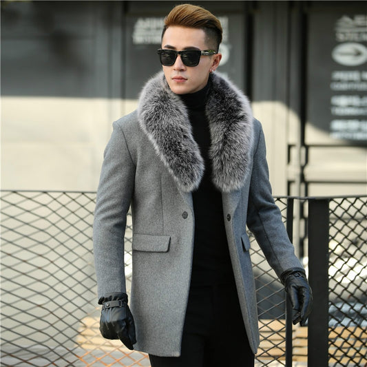 Real Silver Fox Fur Collar Wool Blazer Coats