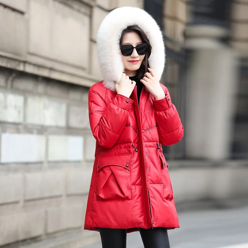 Genuine Leather Real Fur CMid-long Down Coat