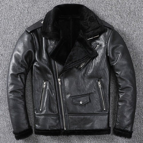 Genuine Leather Moto Jacket Real Wool Lining