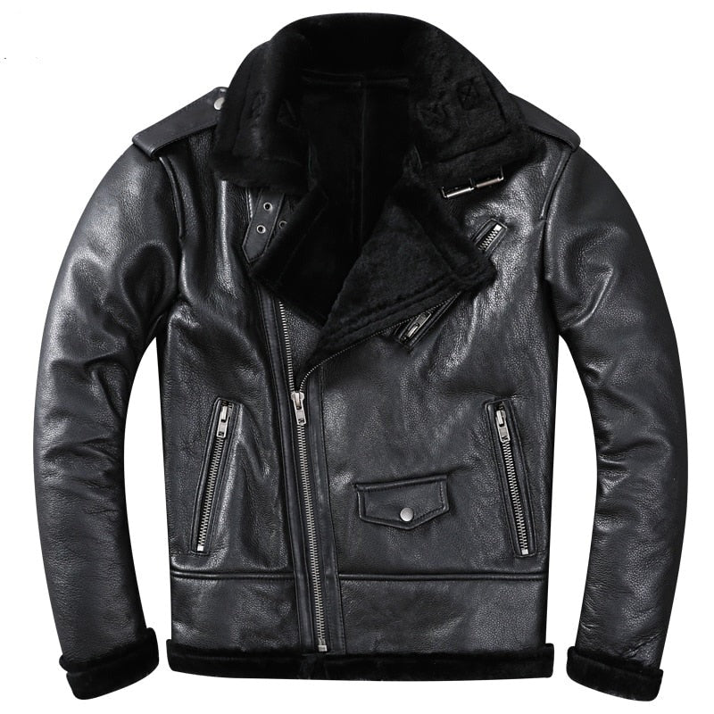 Genuine Leather Moto Jacket Real Wool Lining