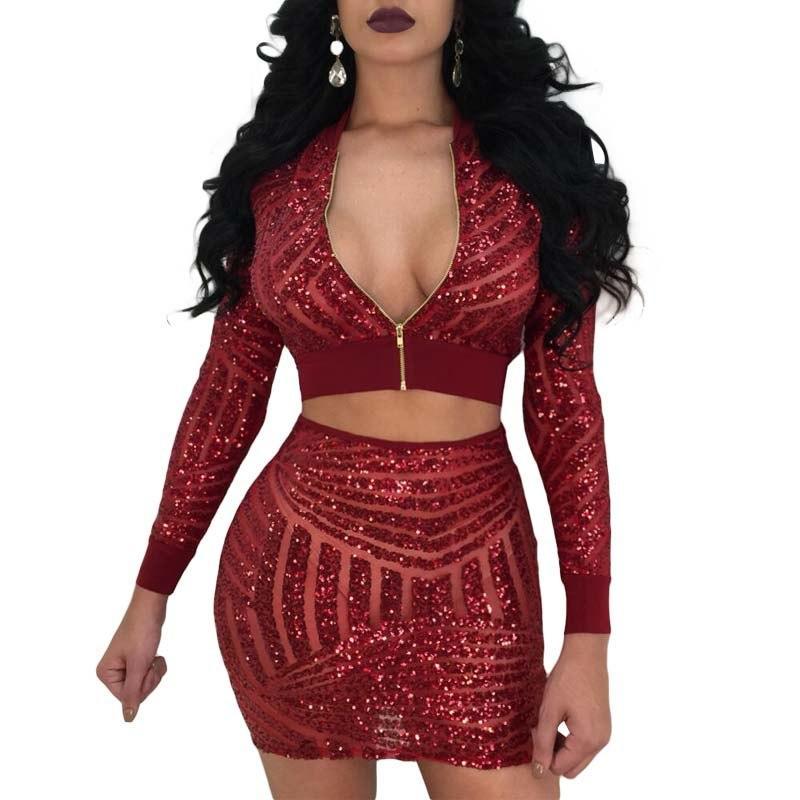 Sequin Long Sleeve Front Zipper Crop Mesh Two Piece Sets