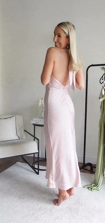 Satin Backless Halter Cross Straps Maxi Dresses