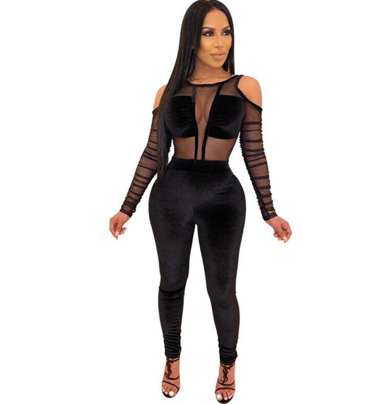 Velvet Mesh Patchwork Jumpsuits