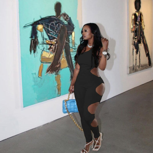 Circle Side Cut Out One Shoulder Jumpsuits