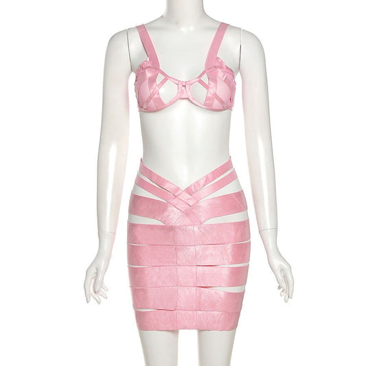 Strap Gaps Hollow Crop Top & Mini Skirts