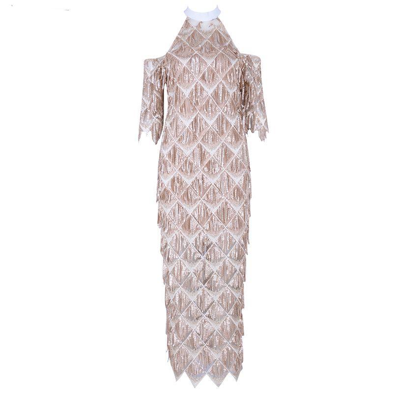 Fringe Sequins Mesh Long Dresses