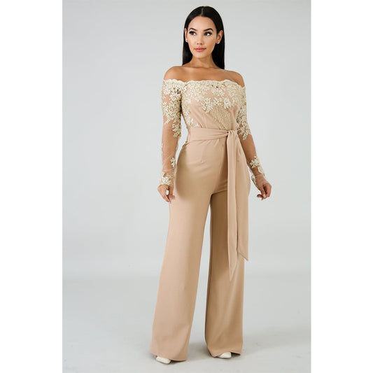 Lace Off Shoulder Slash Neck Long Sleeve Wide Leg Jumpsuits (Multi-Colors)