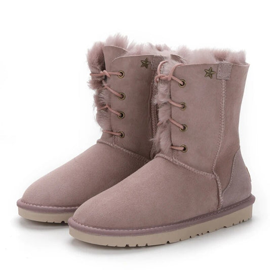 Genuine Leather Waterproof Snow Boots Real Wool