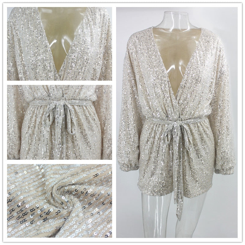 Lantern Sleeve Sequin Deep V Mini Dresses