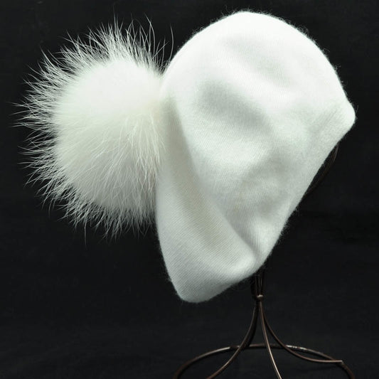 Cashmere Beret with Real Fur Pom Pom