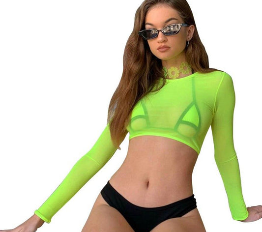 Neon Mesh Long Sleeve Cropped Top