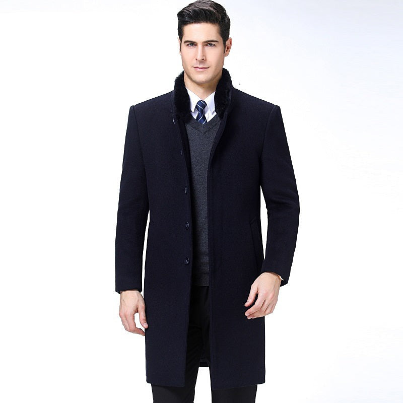MANDARIN Collar Wool Long Trench Coat