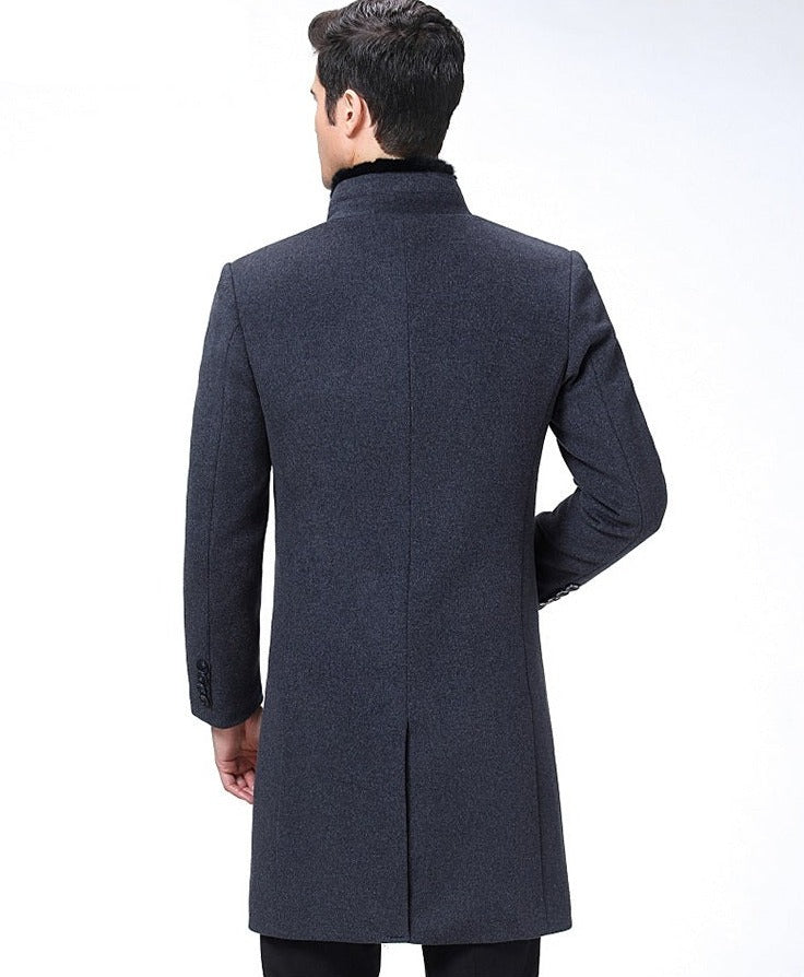 MANDARIN Collar Wool Long Trench Coat