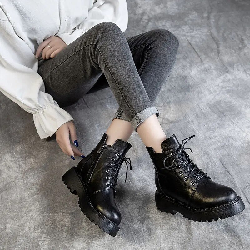 Black Platform Genuine Leather Ankle Boots