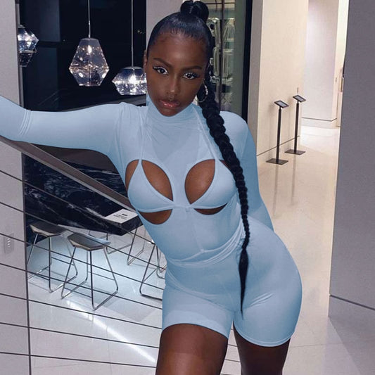 Long Sleeve Bodycon Hollow Playsuit+Bra Rompers