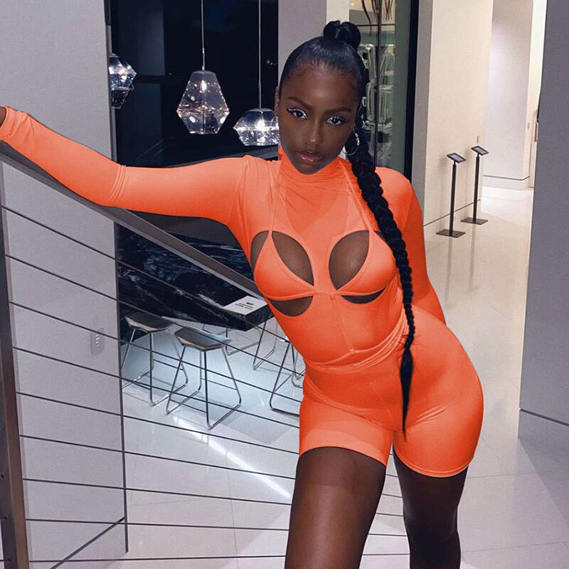 Long Sleeve Bodycon Hollow Playsuit+Bra Rompers