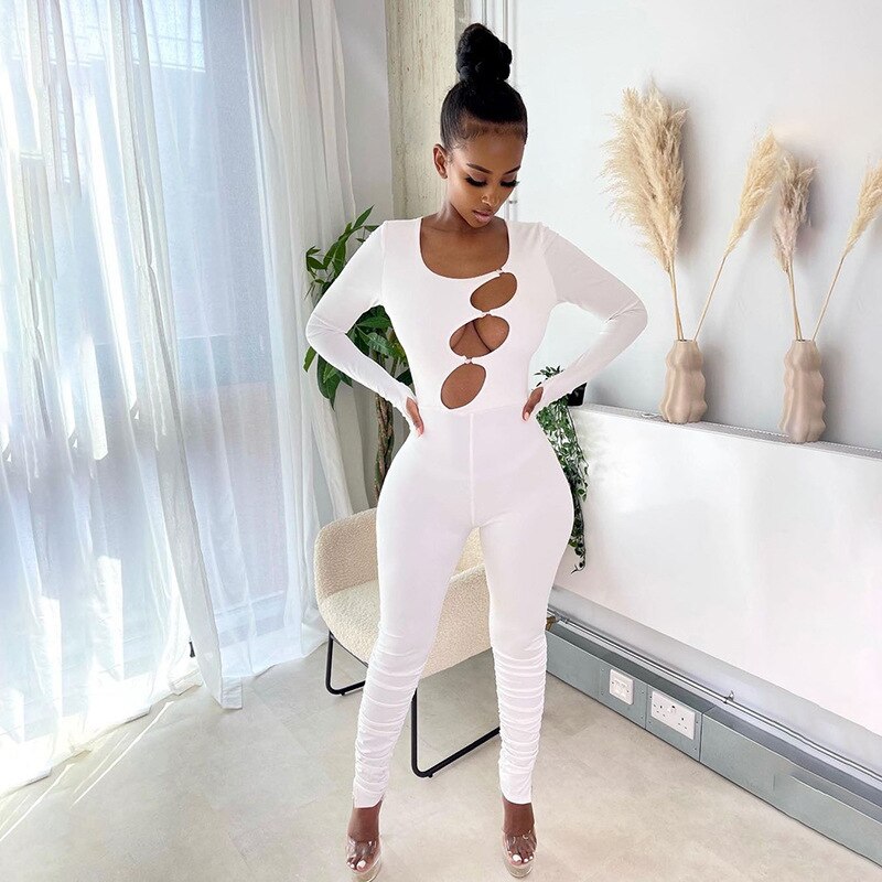 3 Circle Hollow Cut Long Sleeve Jumpsuits