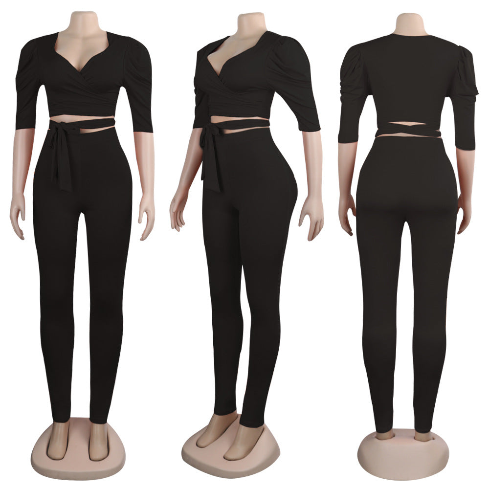 Deep V Criss Cross Crop Top Long Pants Sets