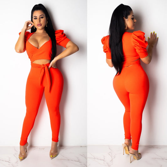 Deep V Criss Cross Crop Top Long Pants Sets