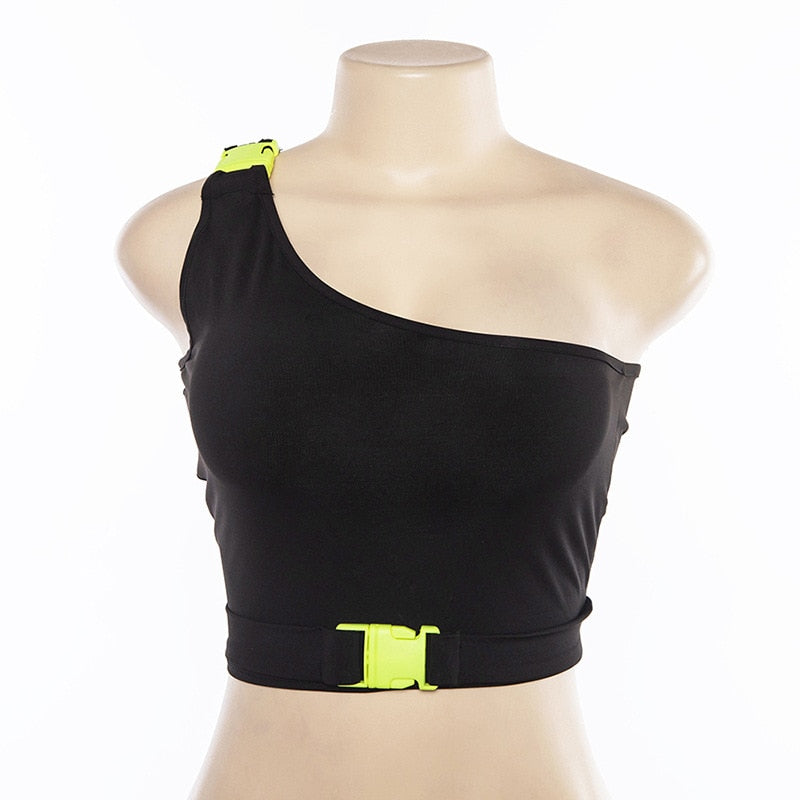 One Shoulder Buckle Neon Crop Tops