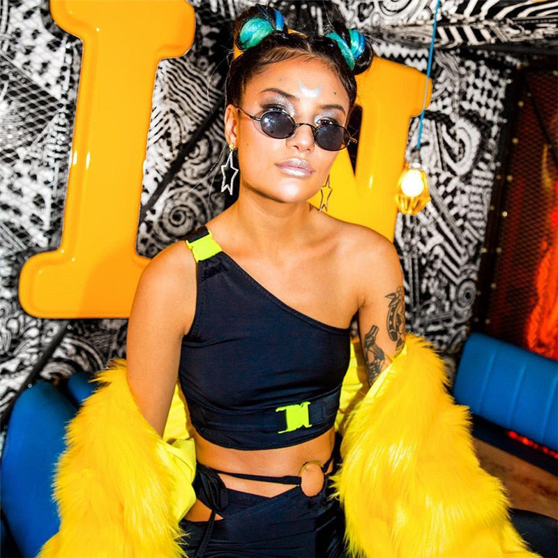 One Shoulder Buckle Neon Crop Tops