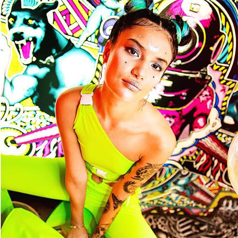 One Shoulder Buckle Neon Crop Tops