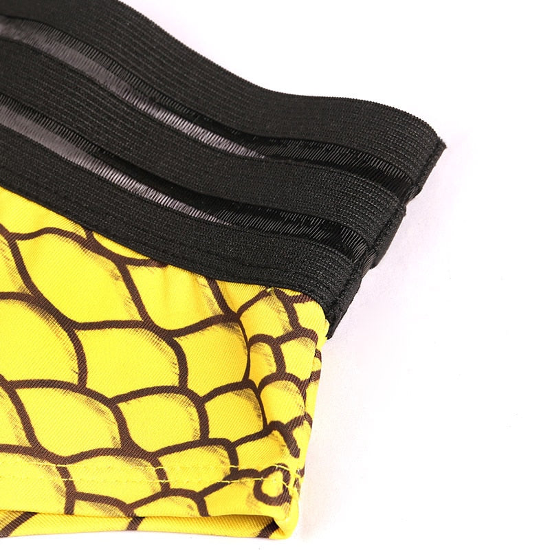 Yellow Snake Print One Shoulder/Sleeve Crop Bikini Set