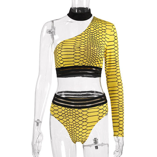 Yellow Snake Print One Shoulder/Sleeve Crop Bikini Set