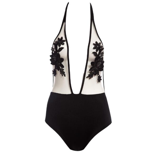 Halter Floral Mesh Perspective Backless One Piece