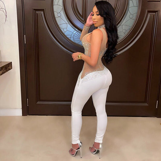 See Through Mesh One Sleeve Rhinestone Jumpsuits
