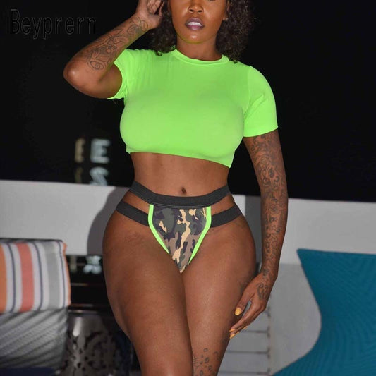 Neon Green Camo High Waist Bikini Sets