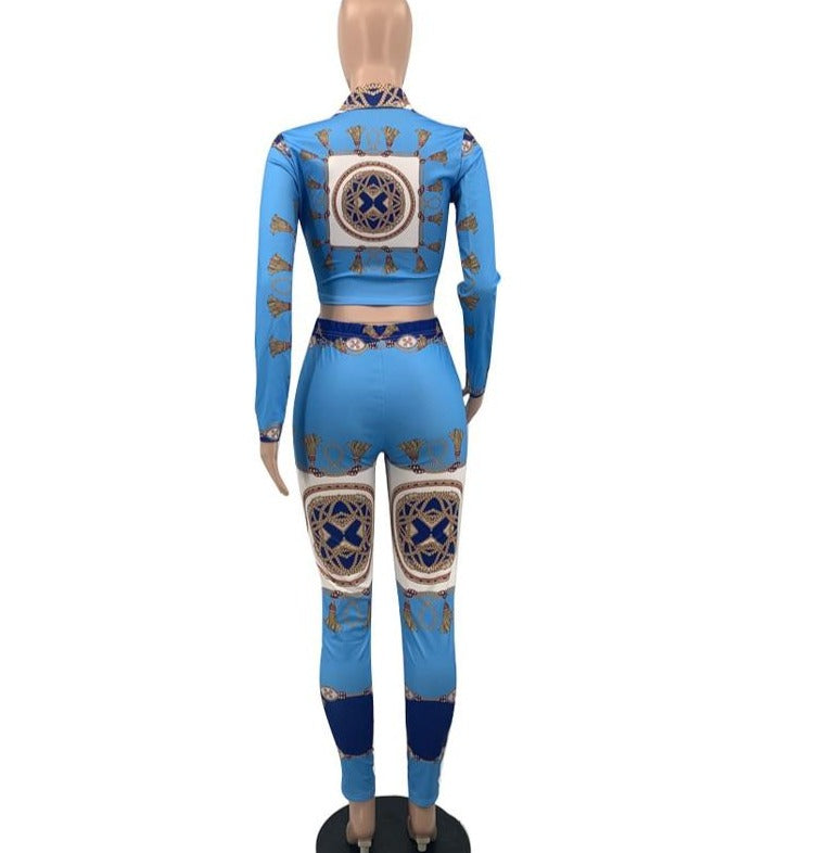 Blue Print Button Up Crop & Leggings