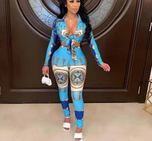 Blue Print Button Up Crop & Leggings