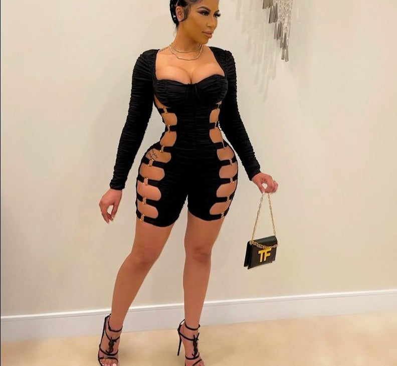 Cut Out Side Rings Ruched Rompers