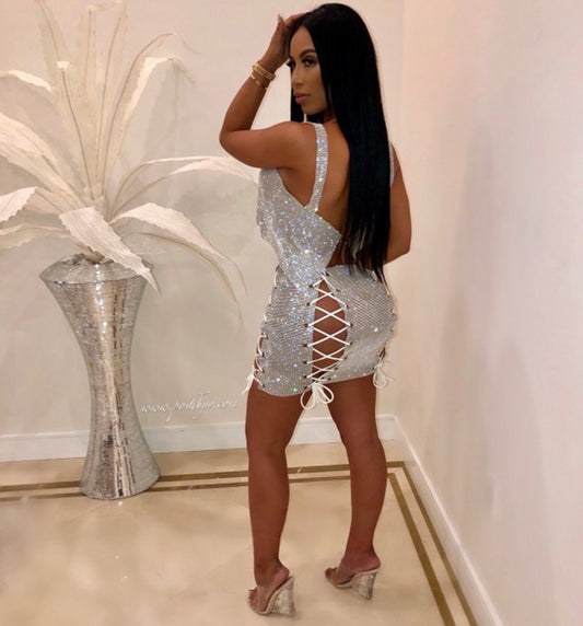 Shiny Crystal Crop Top and Mini Skirt Sets