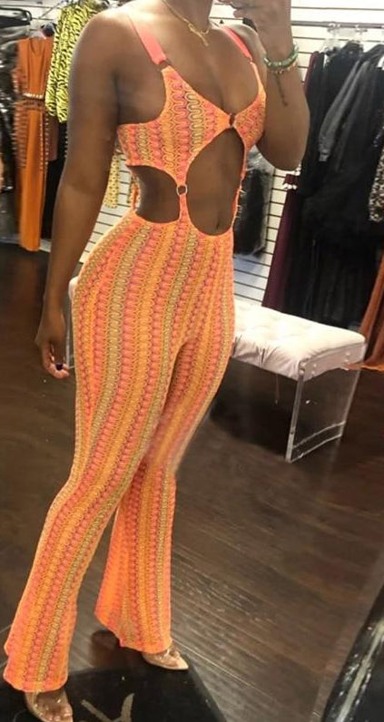 Orange Cut Out Buckle Shoulder Strap Jumpsuit