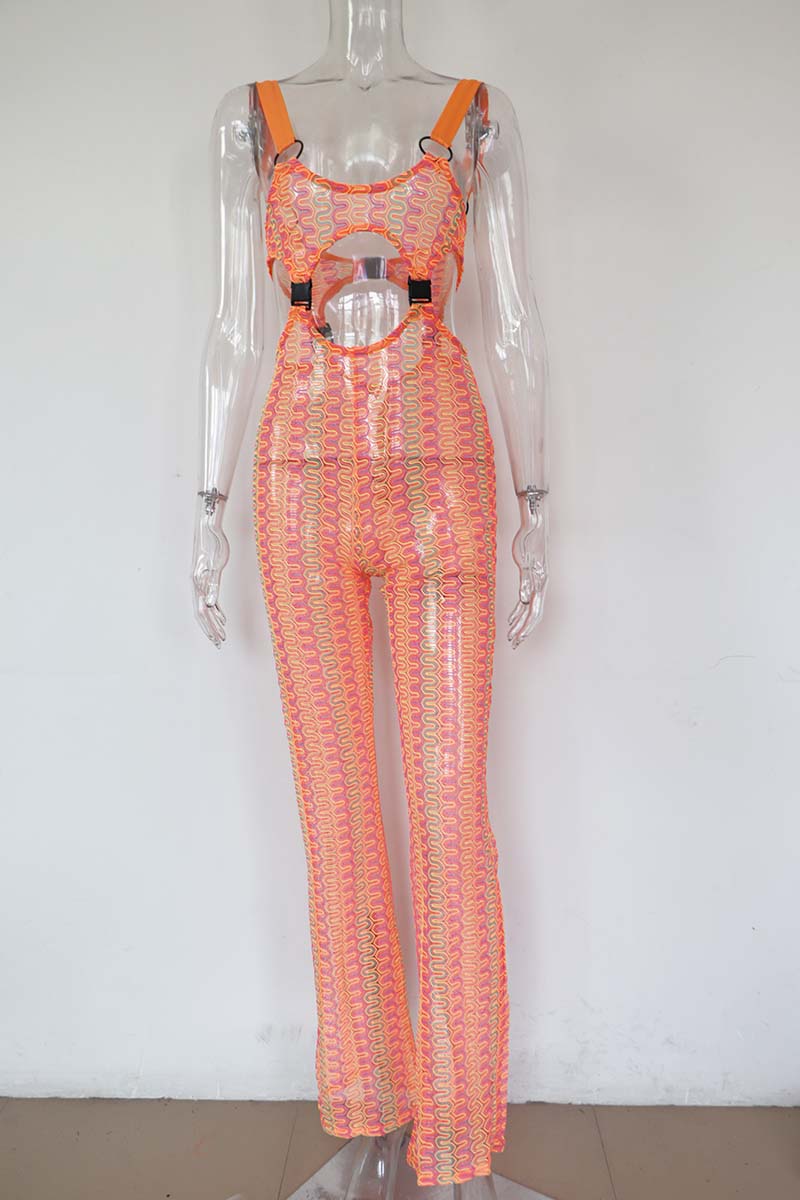Orange Cut Out Buckle Shoulder Strap Jumpsuit
