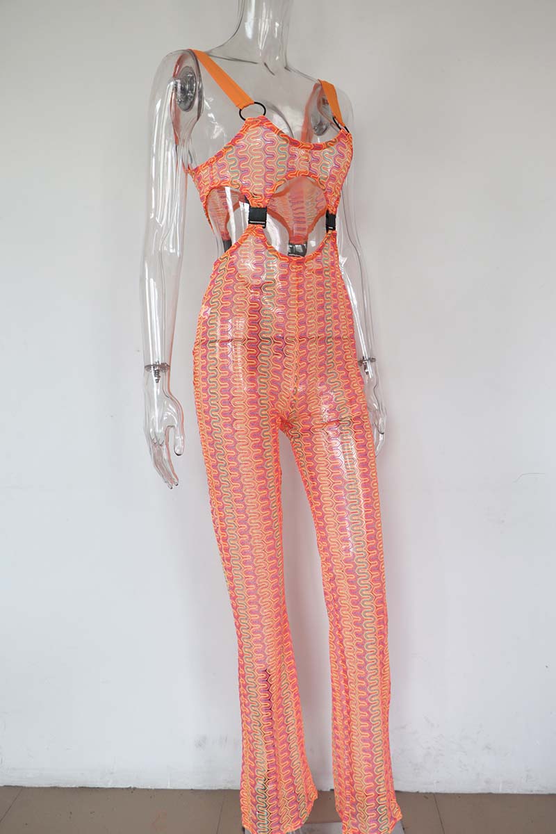 Orange Cut Out Buckle Shoulder Strap Jumpsuit