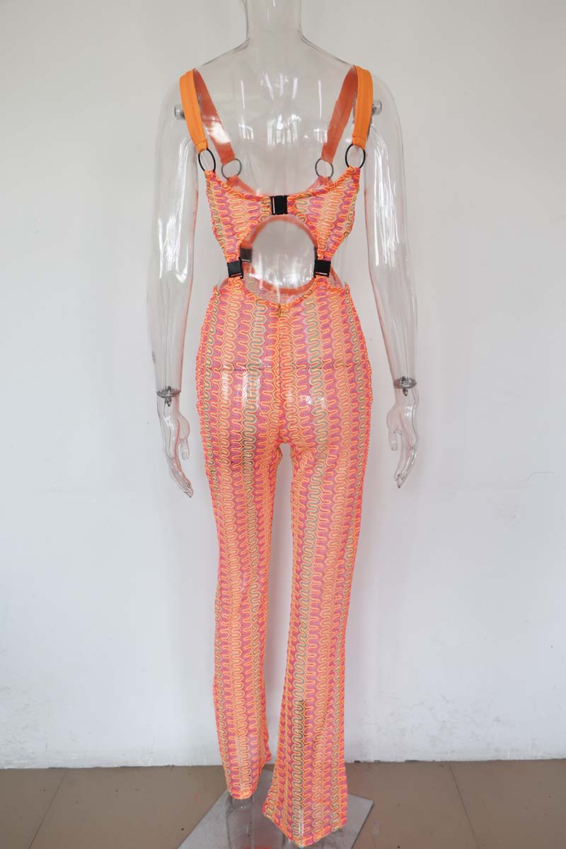 Orange Cut Out Buckle Shoulder Strap Jumpsuit