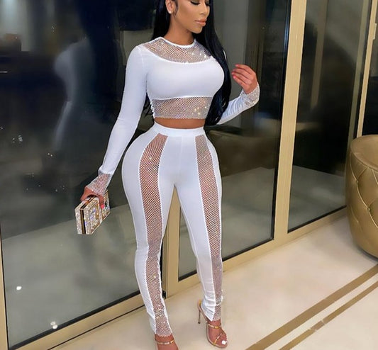 CRYSTAL Long Sleeve Mesh Crop Top & Pants