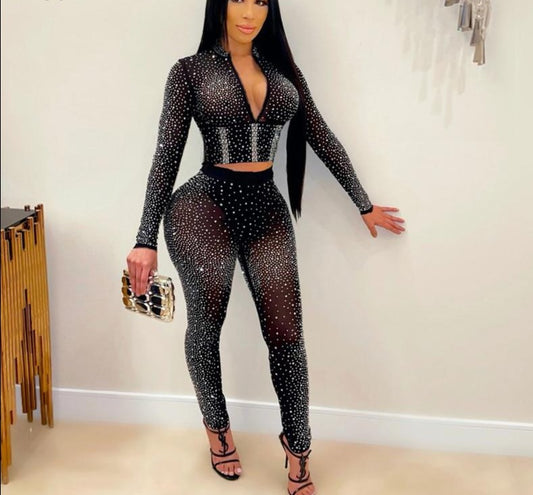 Mesh Rhinestone Studded Crop Top And Leggings