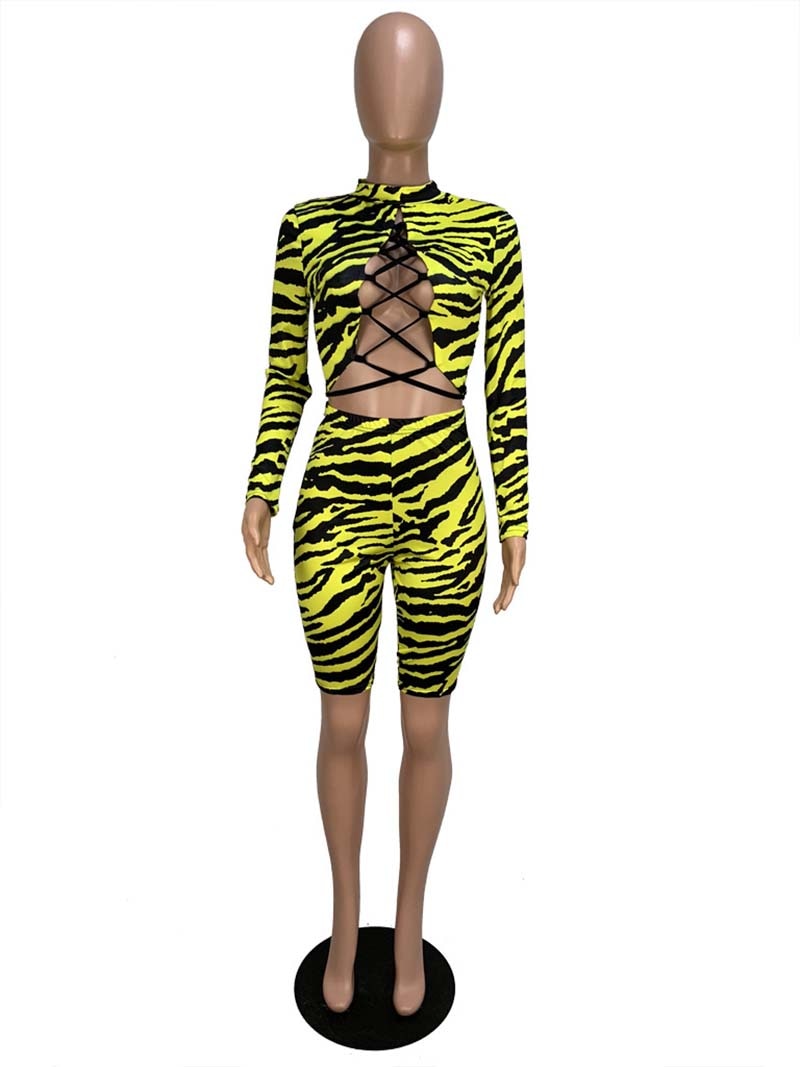 Wild Animal Print Lace Up Crop Top and Biker Shorts Set