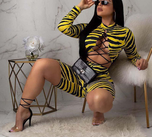 Wild Animal Print Lace Up Crop Top and Biker Shorts Set