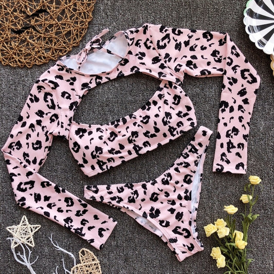 Leopard Print Long Sleeve Micro Top Bikini Sets