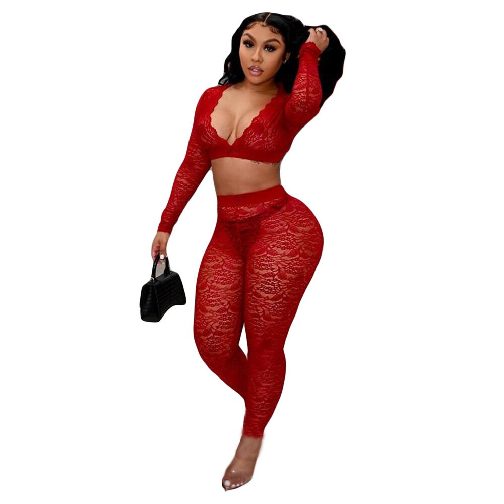 Floral Lace See Through Crop Top & Leggings