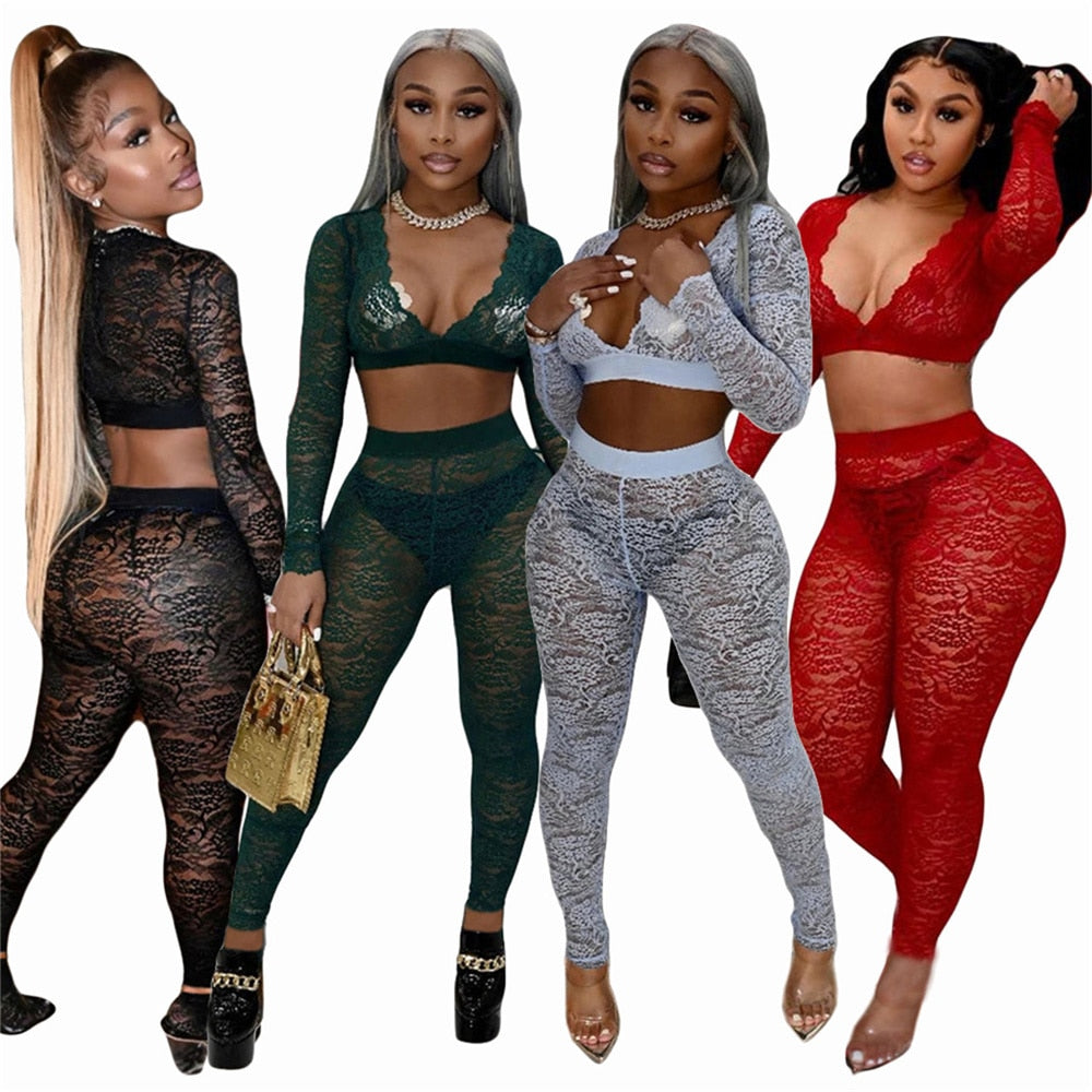 Floral Lace See Through Crop Top & Leggings