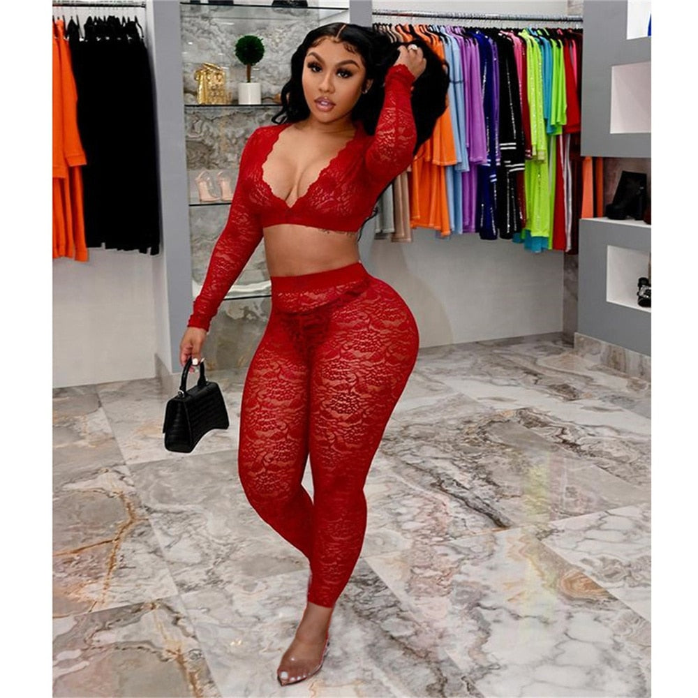 Floral Lace See Through Crop Top & Leggings