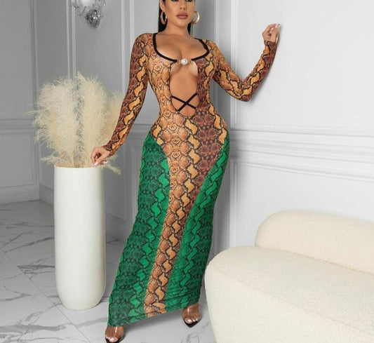 Snake Long Sleeve Cut-Out Maxi Dresses